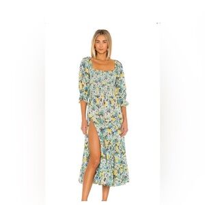 LoveShackFancy Yellow & Blue Floral Tiered Midi Dress